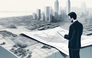 Staedteplaner prueft detaillierte Plaene eines Stadtviertels, mit topografischen Karten und Architekturmodellen urbaner Entwicklungen.