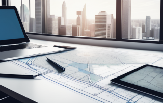 ALT-Tag: Schreibtisch eines Stadtplaners mit Werkzeugen wie Bauplaenen, Lineal und digitalem Tablet, das Stadtplaene anzeigt, fuer optimale Nutzung des kommunalen Bodens