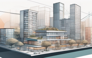 Illustration zur innovativen Stadtplanung mit detaillierten Architekturmodellen zur Erweiterung von Wohnraeumen in einer Stadt, Fokus auf effiziente Raumnutzung und nachhaltige Entwicklung in urbanen Umgebungen.
