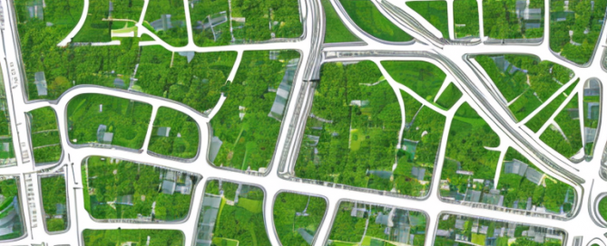Detaillierter Stadtplan mit Parzellen, Zonen und Infrastruktur, gruenflaechen und Verkehrsnetze fuer umfassende Planung.