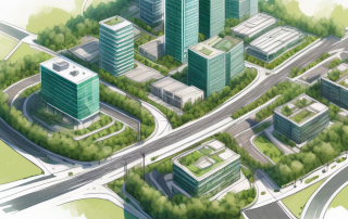 Luftaufnahme einer sorgfaeltig geplanten Stadt mit Wohngebieten, Strassen und Gruenflaechen, Beispiel fuer effektive Stadtplanung.