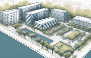 Architektonischer Entwurf mit Details zu Stadtplaenung, Strassen, Zonen und Parks fuer strategische Entwicklung.