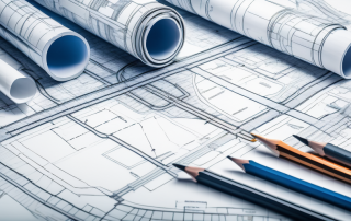 Architektonischer Entwurfsplan auf Tisch mit Stadtplanungswerkzeugen wie Linealen, Zirkeln und Bleistiften fuer professionelle Stadtentwicklung.