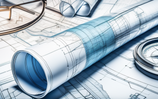 Architektonische Bauplaene und staedtische Planungskarten auf einem Tisch mit Linealen und Zirkeln, die den detaillierten Prozess der Erstellung eines rechtskonformen Entwicklungsplans hervorheben.