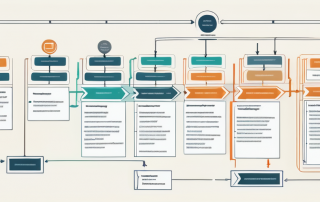 Schritt-fuer-Schritt Flussdiagramm zur Stadtplanung und -entwicklung mit Pfeilen und Symbolen fuer Planungsstufen, rechtliche Pruefungen und Implementierungsphasen.