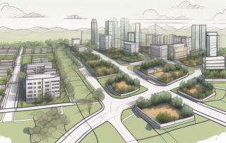 Luftaufnahme einer Stadt mit Wohn-, Gewerbe- und Gruenflaechen, zeigt effektive Zonierung und Infrastrukturgestaltung.