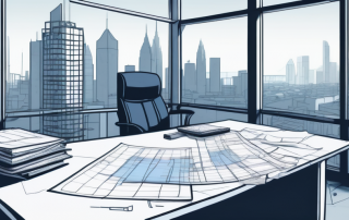 Unordentlicher Schreibtisch mit verstreuten Bauplaenen, Rechner und Regelwerken, symbolisiert Fehler in der Stadtplanung, mit Stadtsilhouette im Hintergrund.