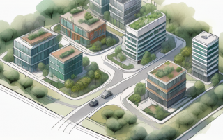 Luftaufnahme eines gut organisierten Stadtentwicklungsgebiets mit verschiedenen Nutzungsarten wie Wohn-, Gewerbe- und Gruenflaechen, die die Stadtplanung und Zonengenehmigung symbolisieren.