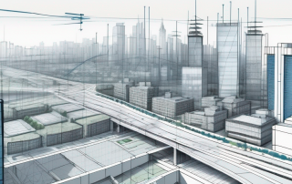 Stadtplanungs-Blueprint mit Zoneneinteilung und Werkzeugen wie Linealen und Zirkeln, im Hintergrund erfolgreiche Stadtsilhouette.