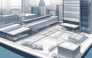 Luftaufnahme eines Stadtplanungsbueros mit detaillierten architektonischen Plaenen und Modellen, umgeben von wichtigen rechtlichen und Planungsdokumenten zur Darstellung des Prozesses zur effektiven Sicherung einer Baugenehmigung.