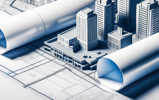 Stadtebau-Dokumente und Zonenplaene neben Architekturmodellen einer Stadtlandschaft fuer erfolgreiches Bauprojektmanagement