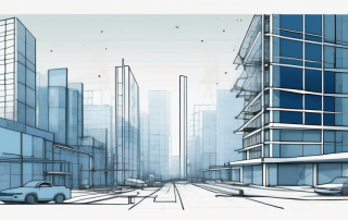Blaupausen und architektonische Werkzeuge mit Fehlern in der Stadtplanung und teilweise verdecktes Stadtmodell im Hintergrund.