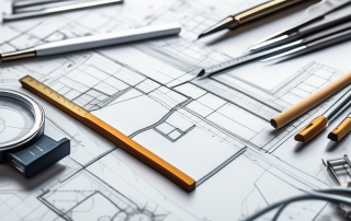Planungs- und Architekturwerkzeuge einschliesslich Bauplaene, Lineale und Zirkel, ordentlich angeordnet auf einer Arbeitsflaeche, betonen Organisation und Praezision in der Stadtplanung.