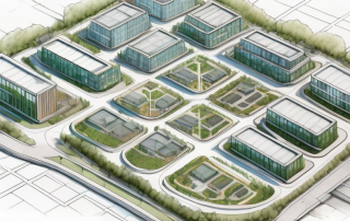 Luftaufnahme einer gut organisierten Stadt mit klar abgegrenzten Wohn-, Gewerbe- und Gruenflaechen sowie detaillierten Stadtplanungs- und Zonierungsdokumenten.