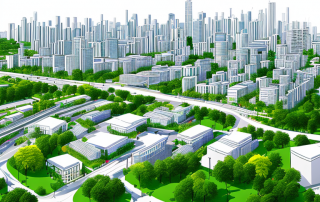 Moderne Stadtentwicklung mit gut organisierten Gebaeuden, Gruenflaechen und Verkehrsnetzen.