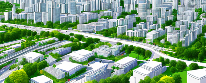 Moderne Stadtentwicklung mit gut organisierten Gebaeuden, Gruenflaechen und Verkehrsnetzen.