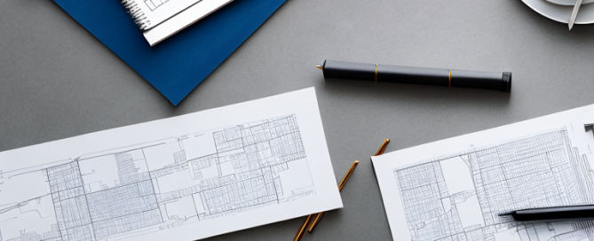 Gut organisierter Stadtentwicklungsplan auf Tisch mit Architekturwerkzeugen wie Linealen und Stiften, darstellt den sorgfaeltigen Planungsprozess.