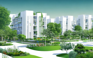 Pristine urbanes Entwicklungsgebiet mit geplanten Gruenflaechen und modernen Infrastrukturen integriert in Wohnzonen