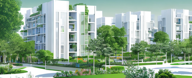Pristine urbanes Entwicklungsgebiet mit geplanten Gruenflaechen und modernen Infrastrukturen integriert in Wohnzonen