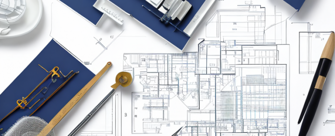 Moderne architektonische Blaupause auf Tisch mit Designwerkzeugen wie Linealen und Zirkel, zeigt detaillierte Planung fuer Entwicklungsfreigabe.