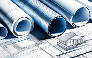 Architektonische Bauplaene und Planungsdokumente auf einem Tisch, symbolisieren Fachkenntnis in der Baugenehmigung.