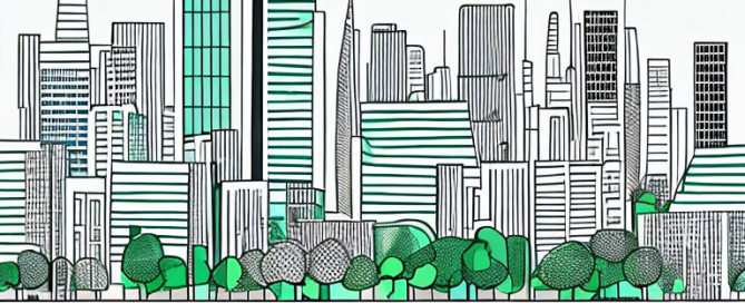 Moderne Stadtansicht mit gut geplanter Infrastruktur und Gruenflaechen, effiziente Stadtplanung.