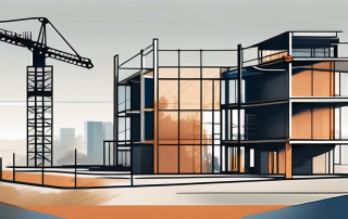 A construction site with five different key elements such as a blueprint