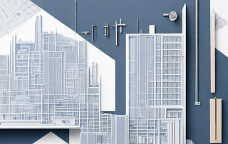 Architektonischer Bauplan auf Zeichentisch mit Messwerkzeugen und Stadtmodell, zeigt genaue Stadtentwicklungsplanung.