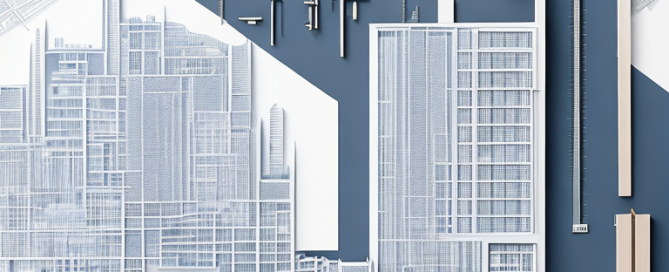 Architektonischer Bauplan auf Zeichentisch mit Messwerkzeugen und Stadtmodell, zeigt genaue Stadtentwicklungsplanung.