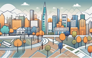 A blueprint of a city layout with various creative elements such as a park shaped like a paint palette