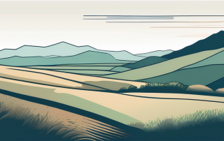 Unberuehrte Landschaft mit sanften Huegeln und klarem Himmel, Potenzial fuer neue Wohn- oder Geschaeftsgebiete, Finanzdiagramm symbolisiert Budgetierung und Investitionsmoeglichkeiten.