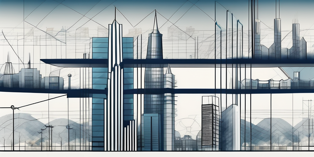 A cityscape with various types of buildings and structures