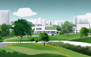 Serene suburbane Landschaft mit Wohngebaeuden und Gruenflaechen, effiziente Stadtplanung und Harmonie zwischen Entwicklung und Natur.