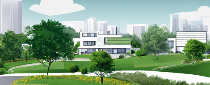 Serene suburbane Landschaft mit Wohngebaeuden und Gruenflaechen, effiziente Stadtplanung und Harmonie zwischen Entwicklung und Natur.