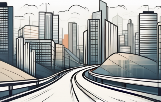 A road leading towards a skyline of various buildings