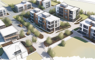 Luftaufnahme eines Wohngebiets im Aufbau mit nachhaltiger Flächennutzung und effizienter Raumplanung in städtischer Umgebung.