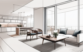 Gut organisiertes Wohnzimmer mit Bereichen zum Entspannen, Arbeiten und Essen, hervorgehoben durch kluge Moebelanordnung und dezente Raumteiler, helle Farben und strategische Beleuchtung zur Raumoptimierung.