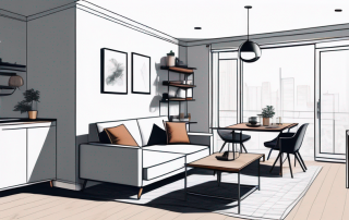 Effizient organisierte kleine Wohnflaeche mit multifunktionalem Moebel wie Sofa mit integriertem Stauraum und kompaktem klappbarem Esstisch.