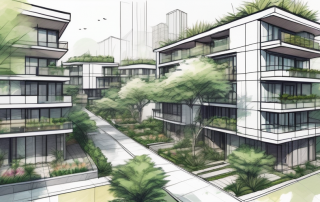 Effizient geplantes Wohngebiet mit vielfaeltigen Gebaeudetypen und Architektur zur optimalen Raumnutzung, urbane Designelemente mit viel Gruen integriert.