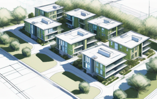 Architektonischer Entwurf zeigt detaillierte Wohngebietsplanung mit intelligenter Raumverteilung und moderner Infrastruktur, inklusive Gemeinschafts-, Wohn- und Gruenflaechen fuer Funktionalitaet und Aesthetik.