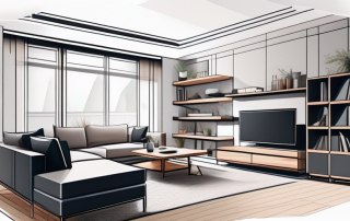 Wohnzimmer optimal eingerichtet mit multifunktionalen Moebeln, kluge Nutzung des Raums durch strategisch platzierte Regale und einen klappbaren Tisch.