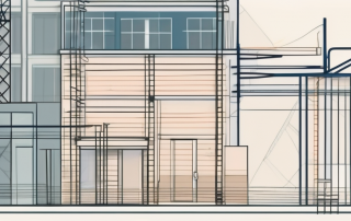 A construction site next to a boundary line with various architectural tools