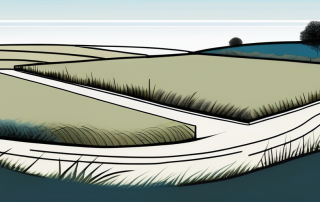 Leeres, szenisches Grundstueck mit Grenzmarkierungen, sanfte Huegel und blauer Himmel, ideal zum Bauen.