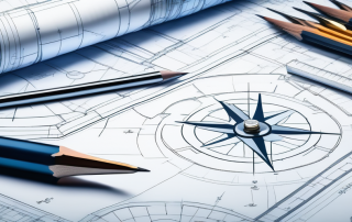 Detaillierte Bauplaene fuer Architektur auf einem Tisch mit Zirkel, Lineal und Bleistift fuer strategische Bauplanung und Baugenehmigungen.