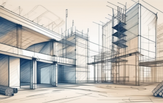 A construction site with various building tools and blueprints