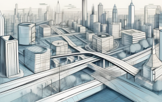 A cityscape with various architectural designs