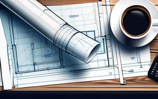 Architekten-Entwurf auf Holztisch mit Smartphone, Lineal und Kaffeetasse bei natürlichem Licht.