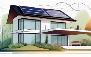 Moderner umweltfreundlicher Wohnsitz mit Solarpanelen und Regenwasser-Sammelsystem umgeben von gruener Natur.