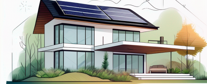 Moderner umweltfreundlicher Wohnsitz mit Solarpanelen und Regenwasser-Sammelsystem umgeben von gruener Natur.