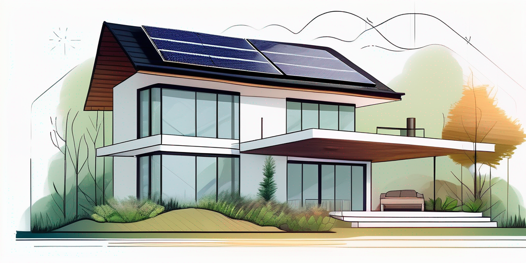 Moderner umweltfreundlicher Wohnsitz mit Solarpanelen und Regenwasser-Sammelsystem umgeben von gruener Natur.